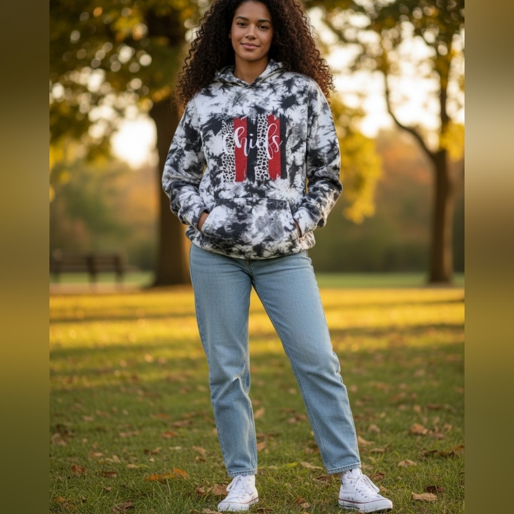 No Boundaries Chiefs Hoodie Tie Dye Glitter Logo French Terry NFL Sweatshirt